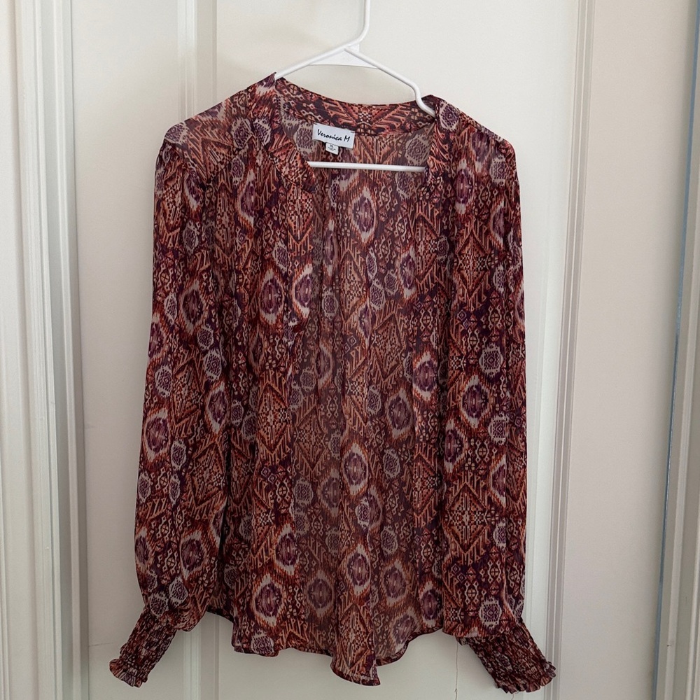 Veronica M  Burgundy & Rust Printed Sheer Blouse